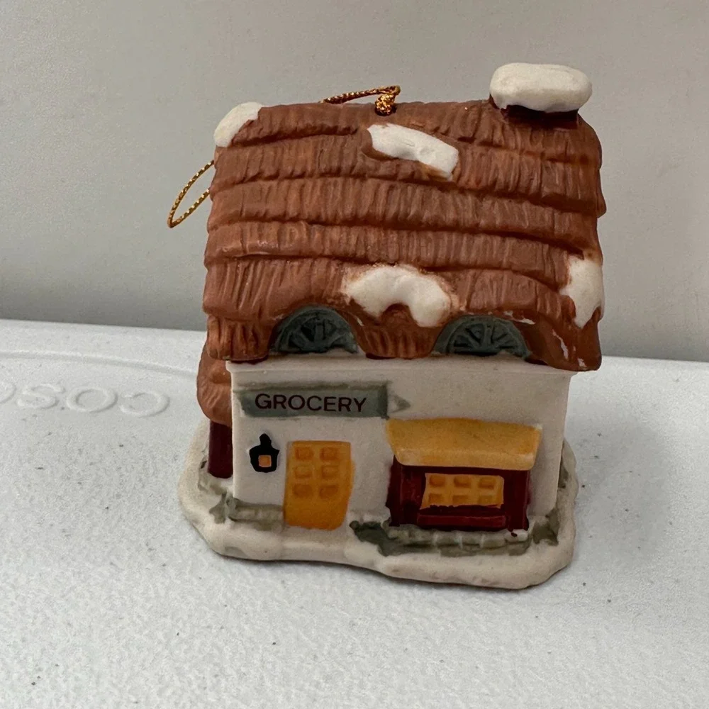 Vintage Porcelain Christmas Village House Bell Ornaments Set‎ 2 Pieces 1990